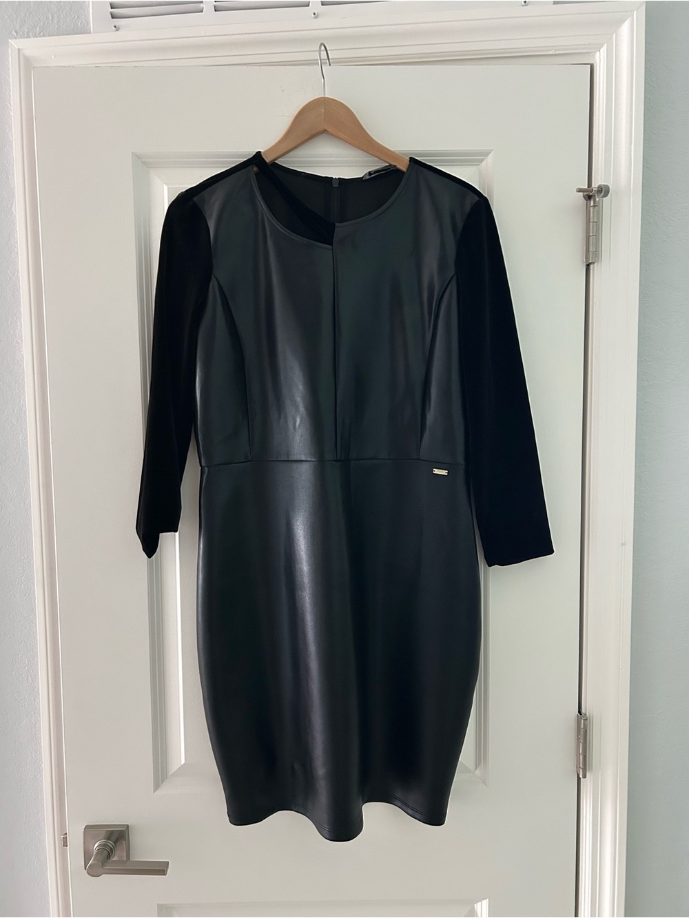 Armani Exchange Black Faux Leather Dress with Velvet Sleeves